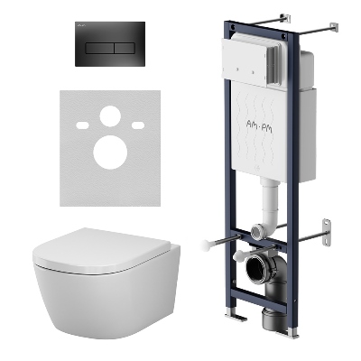 Унитаз подвесной с инсталляцией AM.PM Libre IS110138.601900 сиденьем микролифт, черной механ. клавишей