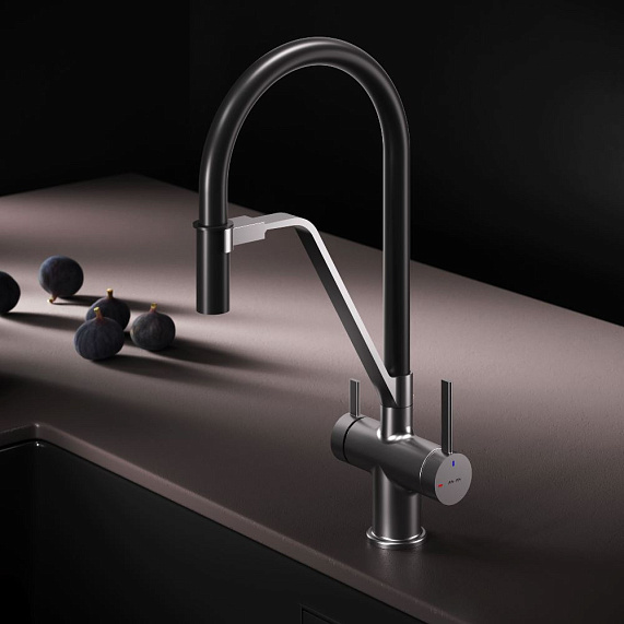 Смеситель для кухни AM.PM Func F8F07812 высокий, сатин с каналом для питьевой воды и гибким черным изливом