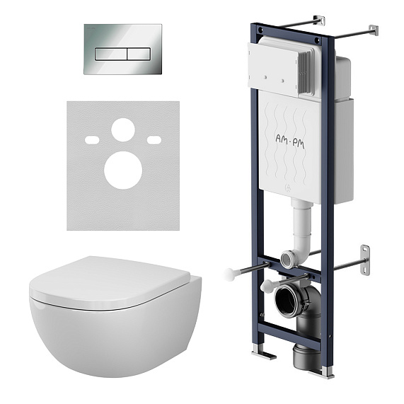 Унитаз подвесной безободковый с инсталляцией AM.PM Above IS110351.9X1900 сиденьем микролифт, механ. клавишей хром