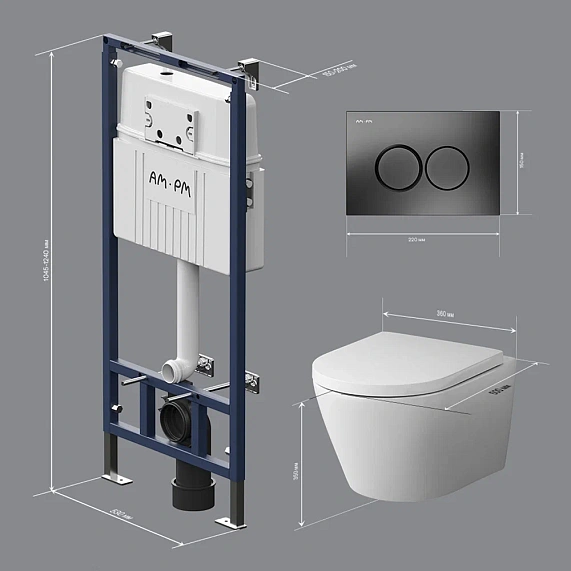 Унитаз подвесной безободковый с инсталляцией AM.PM Sense IS100138.741701 сиденьем микролифт, черной механ. клавишей-9
