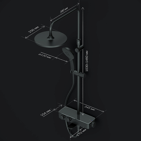 Душевая система AM.PM Inspire 2.0 F0750A522 стойка с тропическим душем, термостатом, смесителем, изливом, черная матовая-9