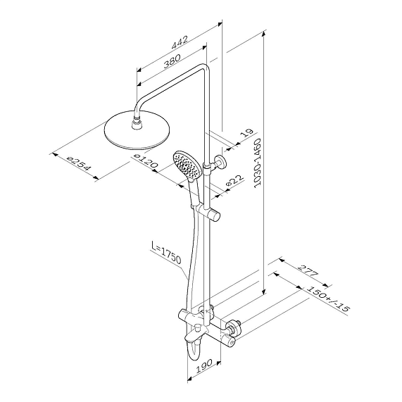 Душевая система AM.PM Like F0780564 стойка с тропическим душем, термостатом, смесителем, изливом, хром-12