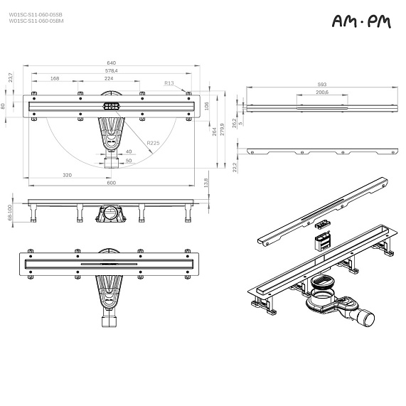 Душевой трап (лоток) 60 AM.PM MasterFlow Slim W01SC-S11-060-05SB комбинированный затвор со стальной матовой решеткой-11