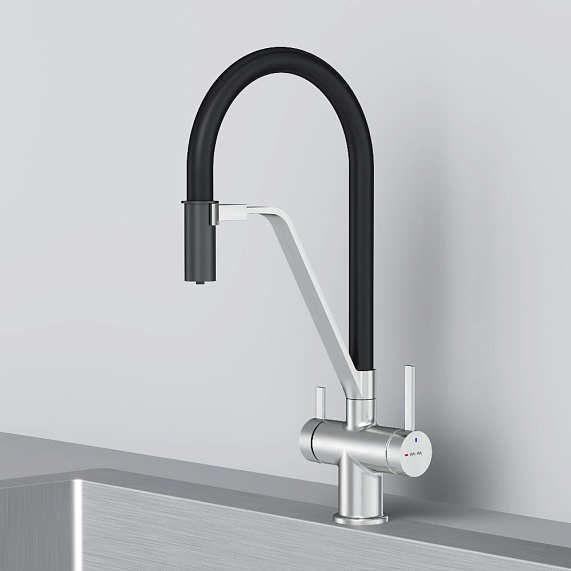 Смеситель для кухни AM.PM Func F8F07812 высокий, сатин с каналом для питьевой воды и гибким черным изливом-6