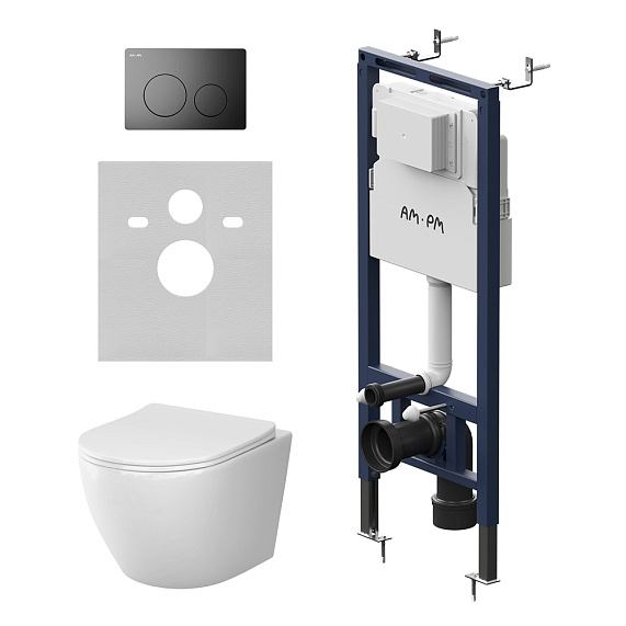 Унитаз подвесной безободковый с инсталляцией AM.PM Like IS130138.801901 торнадо, сиденьем микролифт, черной механ. клавишей-1