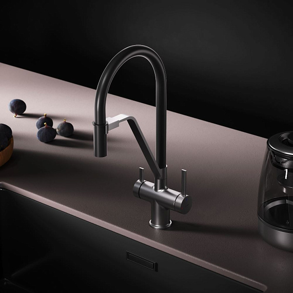 Смеситель для кухни AM.PM Func F8F07812 высокий, сатин с каналом для питьевой воды и гибким черным изливом-3