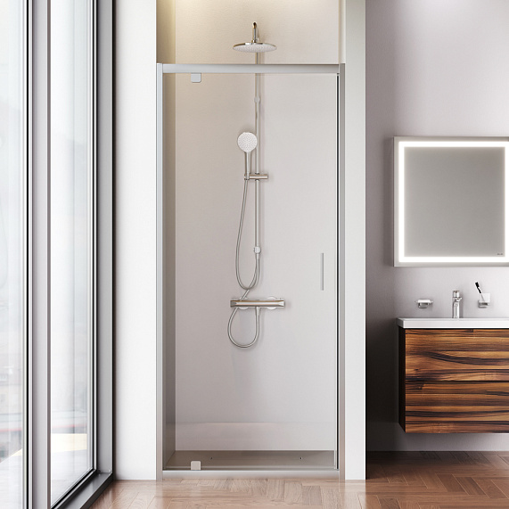 Душевая перегородка с дверью 90x 195 AM.PM Gem W90G-90-1P-MT прозрачное стекло, профиль серебристый-1