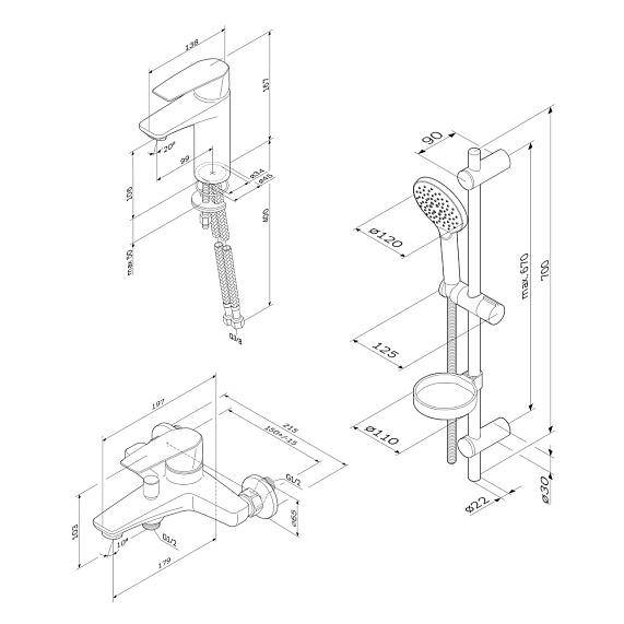 2 смесителя с душевой лейкой AM.PM Gem F40990A00 в наборе, шланг 1750, хром-2