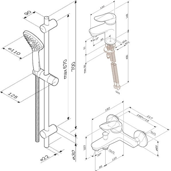 2 смесителя с душевой лейкой AM.PM Sunny F40985C00 в наборе, шланг 1750, хром-2