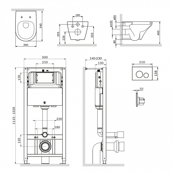 Унитаз подвесной безободковый с инсталляцией AM.PM Inspire IS49051.501700 сиденьем микролифт, хром пневм. клавишей-10