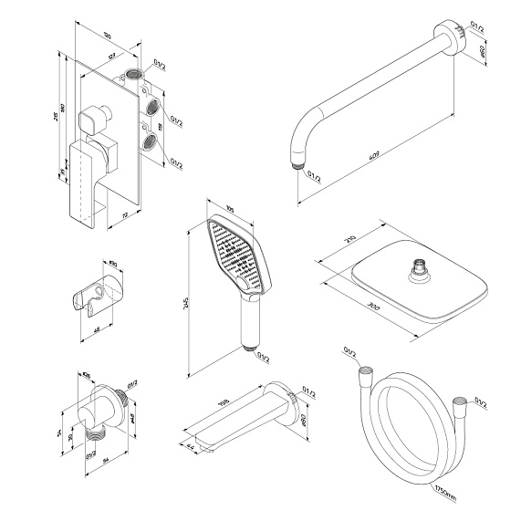 Встраиваемая душевая система Damixa Gala 953510300 черная: тропический верхний душ, ручной душ, излив-6
